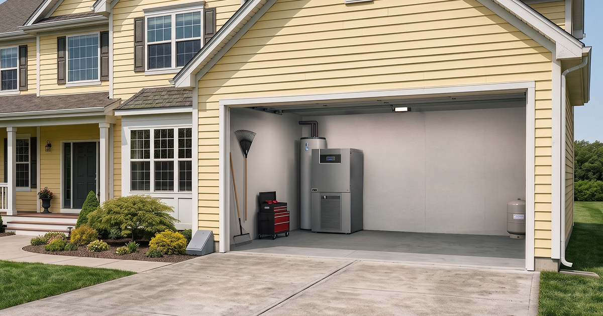 Geothermal heat pump system installed in a residential garage